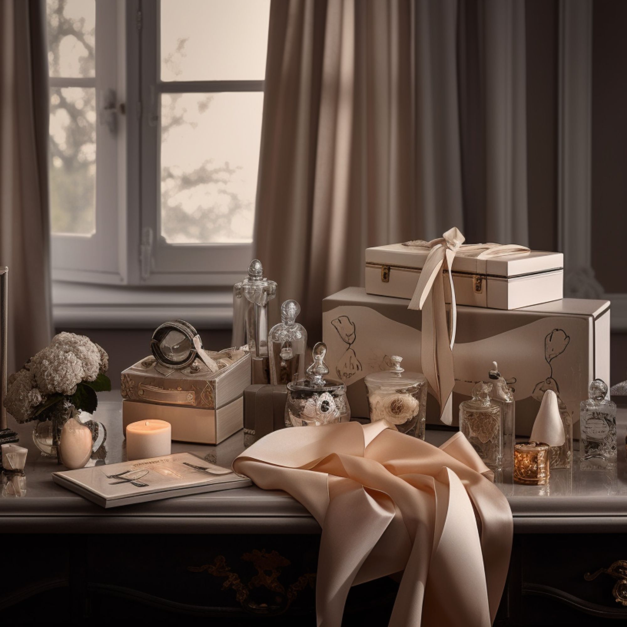 A beautifully set dressing table adorned with a collection of carefully chosen gifts for women. Delicate jewelry boxes sit alongside bottles of perfume, each item thoughtfully selected to suit the recipient's style and preferences.