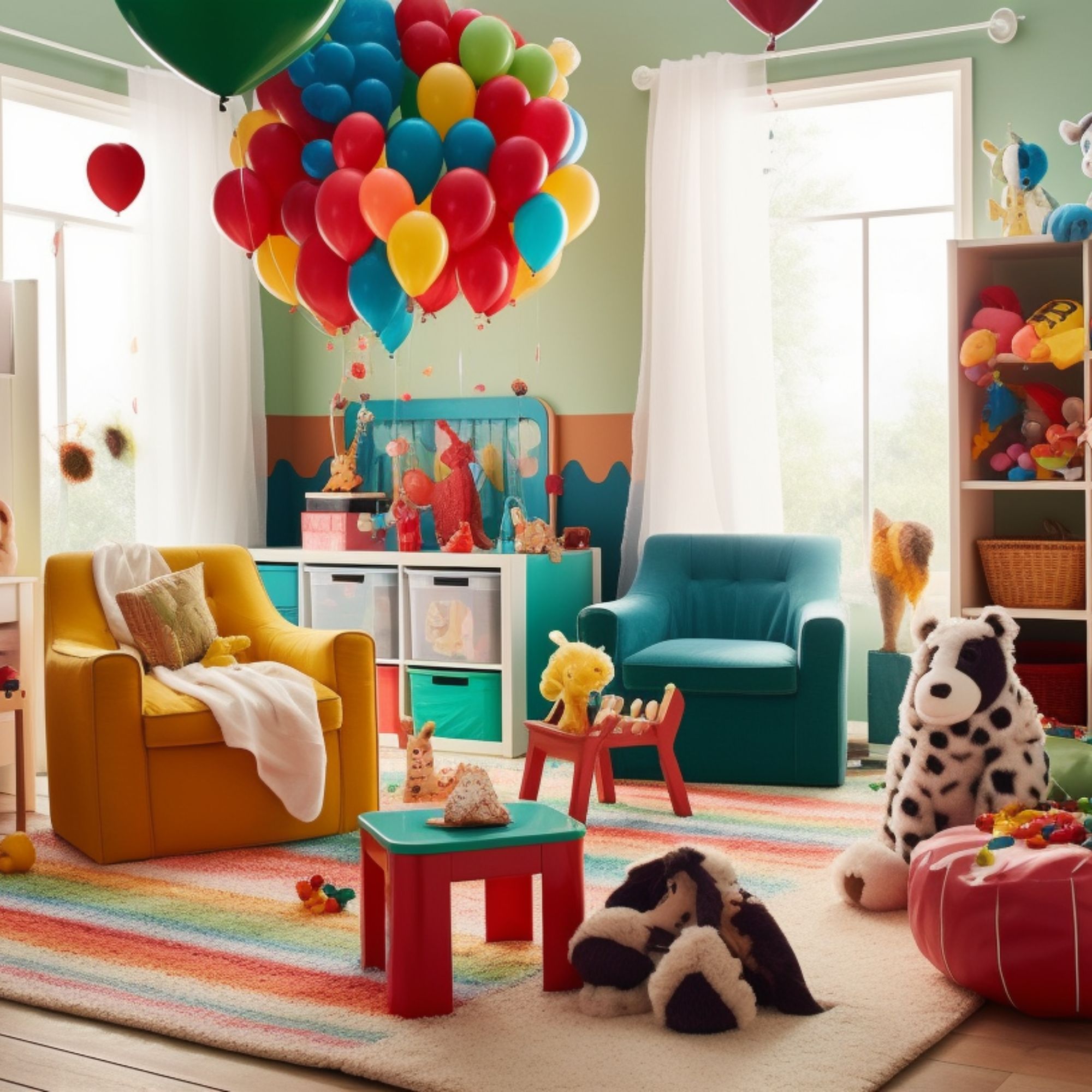 A colorful playroom filled with an array of gifts designed to ignite the imagination and bring joy to children. A plush bean bag chair sits in the corner, surrounded by stacks of picture books and a collection of cuddly stuffed animals.