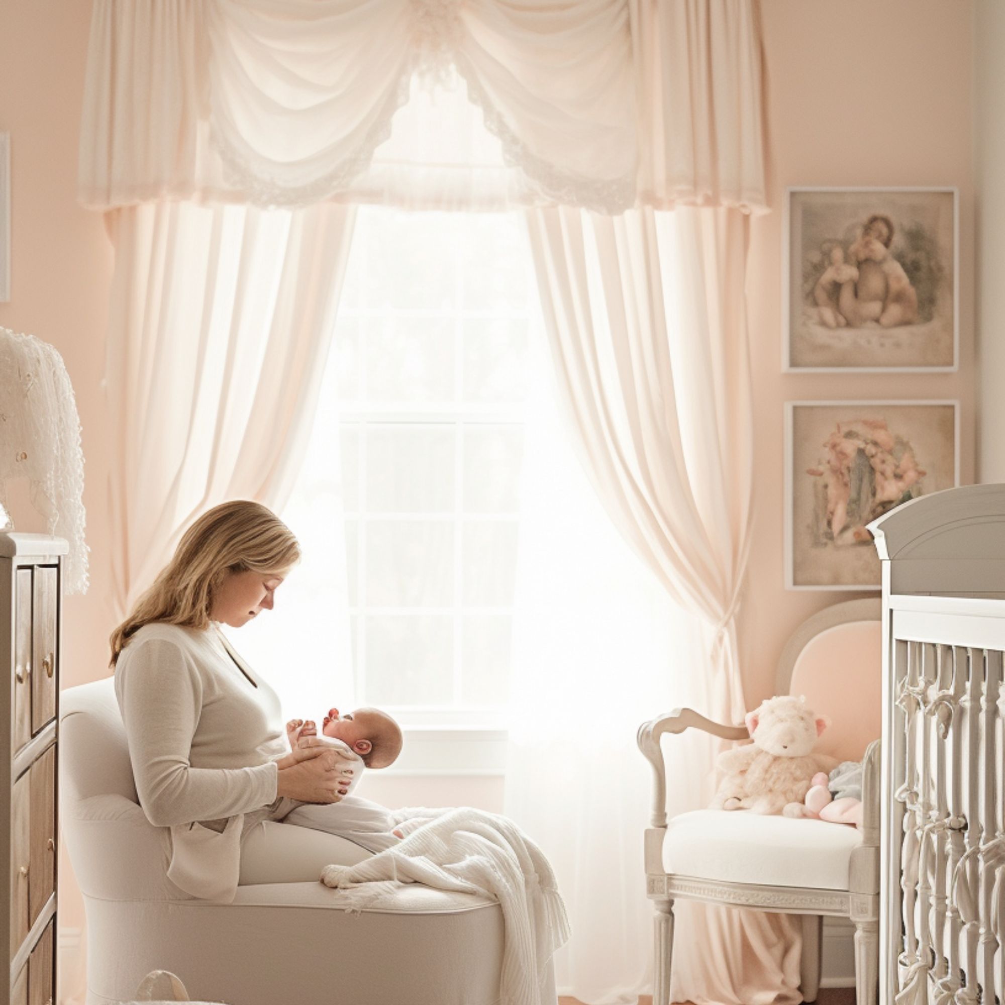 A tender moment captured in a softly lit nursery. A newborn baby, peacefully asleep in a cozy crib adorned with delicate bedding and plush toys.