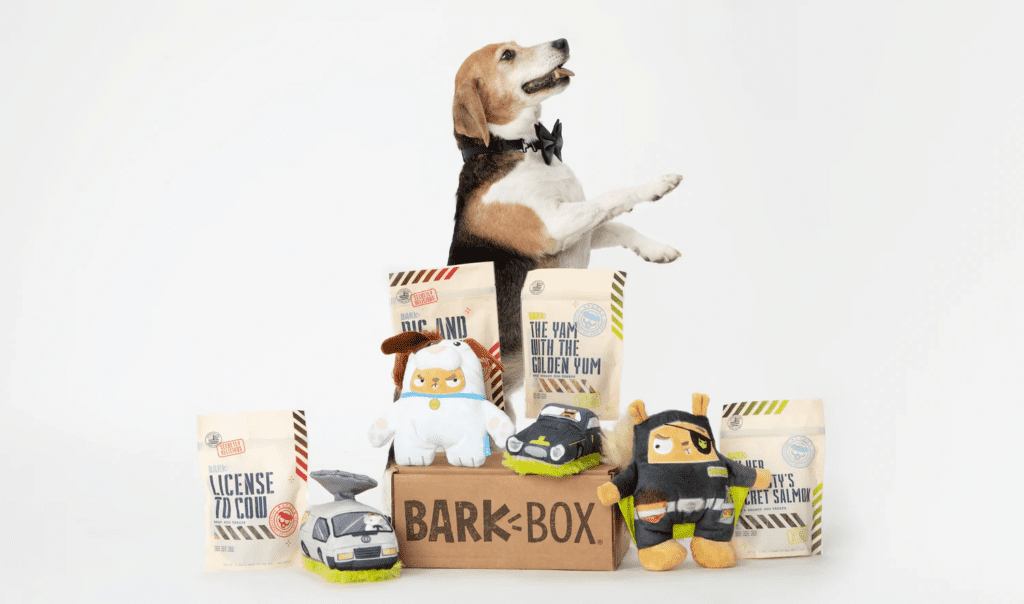 Dog with toys and treats from a BarkBox.