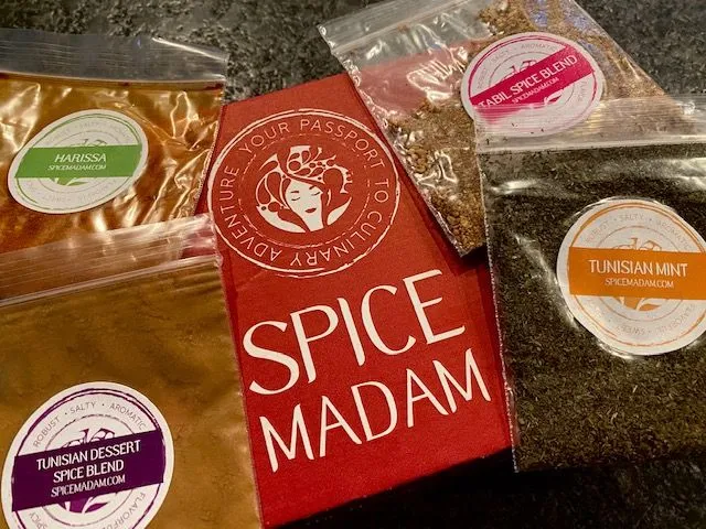 Spices, recipe cards, and Spice Madam box.